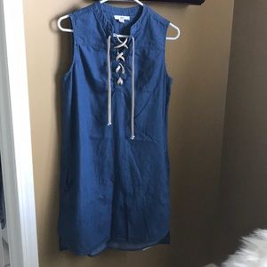 Sleeveless midi chambray dress with v-neck…